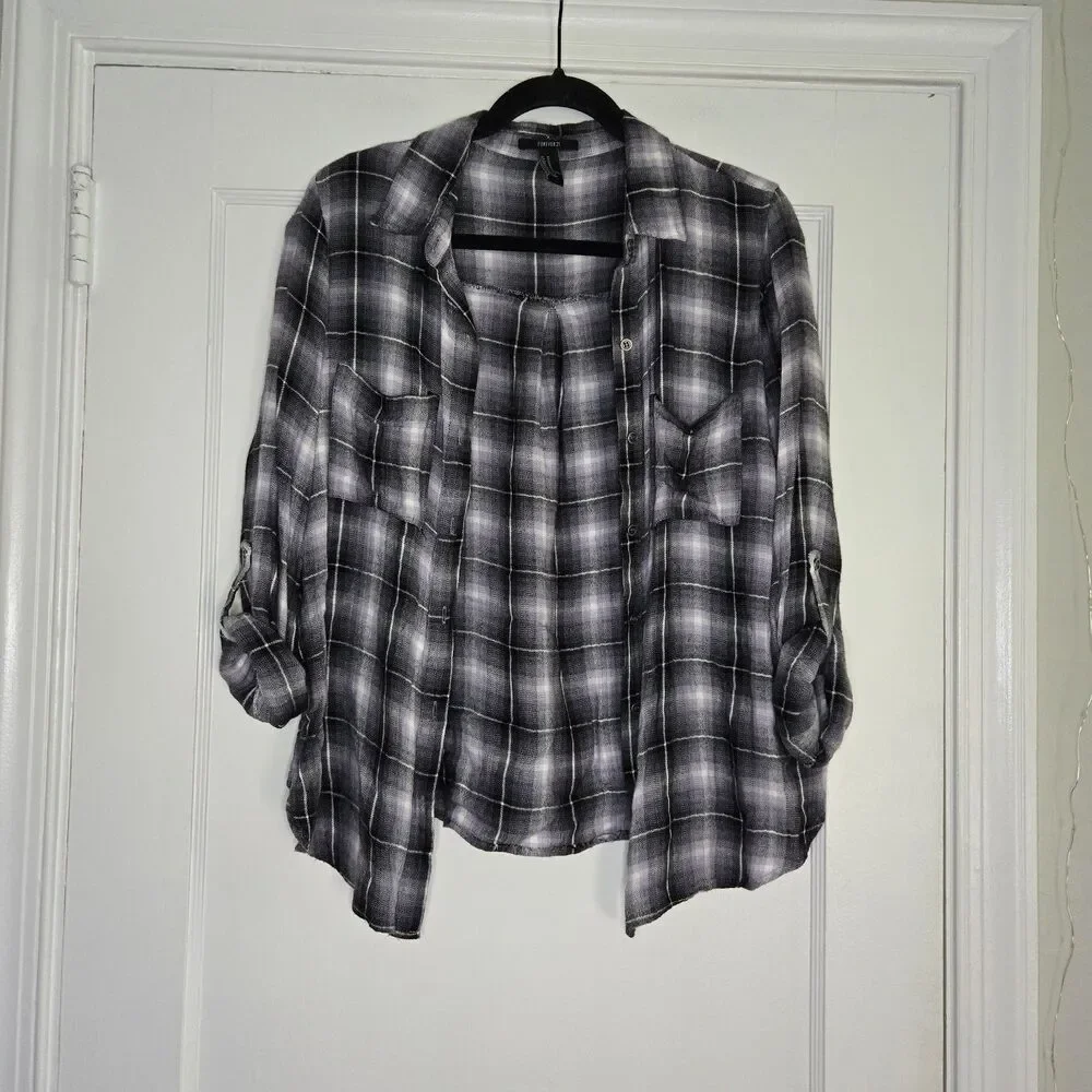 Forever 21 Plaid Button Up Blouse Womens Medium Roll Tab Sleeve
